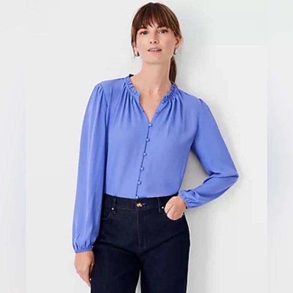 ANN TAYLOR | XXL MIXED MEDIA RUFFLE NECK TOP IN BRILLIANT PERIWINKLE BLUE - Picture 1 of 5